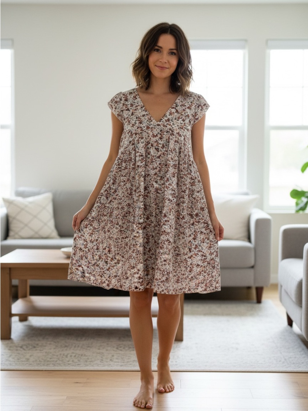 Floral V-Neck Swing Dress in Cream and Brown